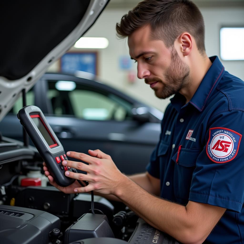 ASE Certified Technician Working on a Vehicle