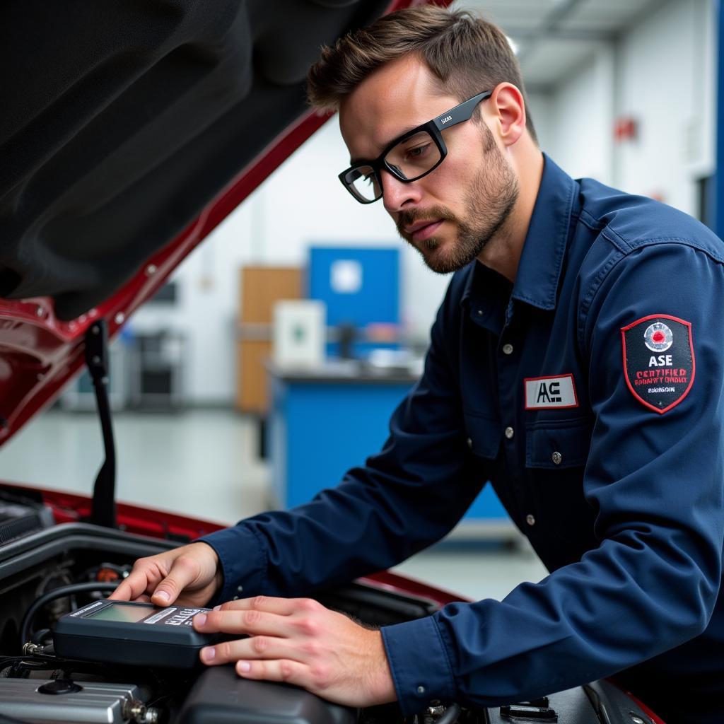 ASE Certified Technician Working on a Vehicle