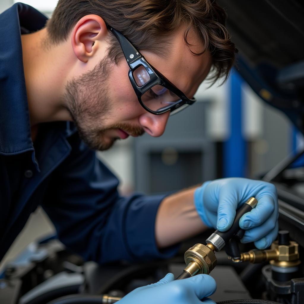 ASE Certified Technician Working on Vehicle A/C System