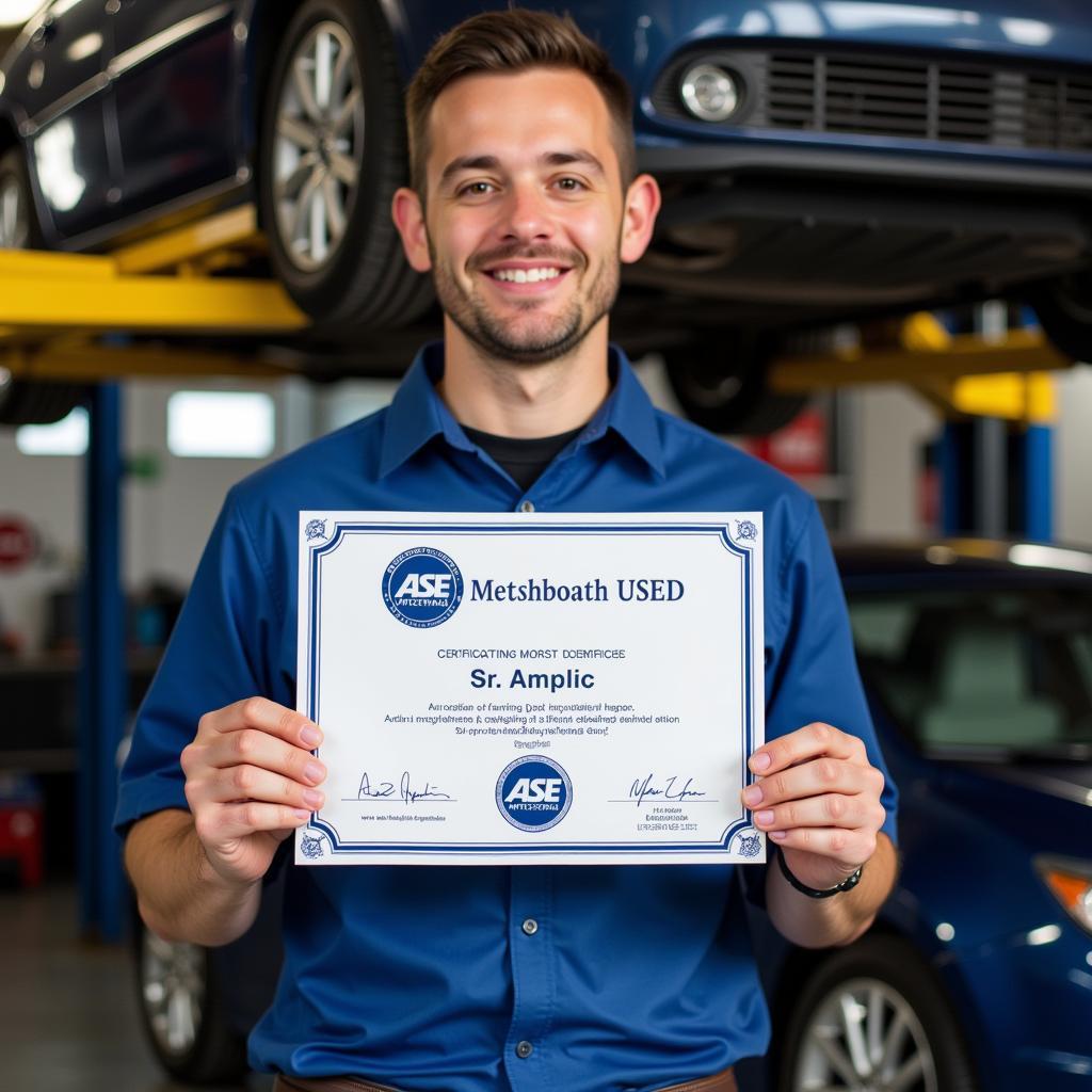 ASE certified technician holding their certificate