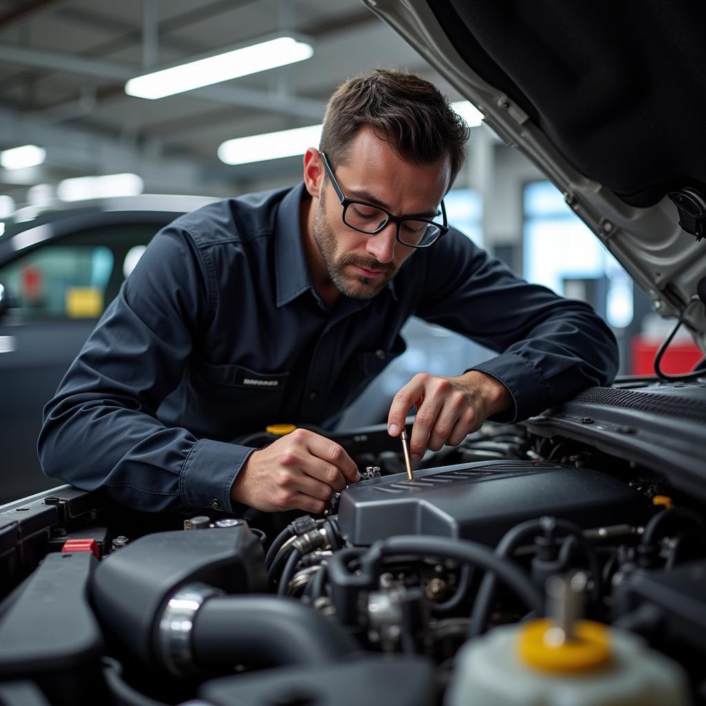 ASE Certified Technician Inspecting a Dodge Rairdon