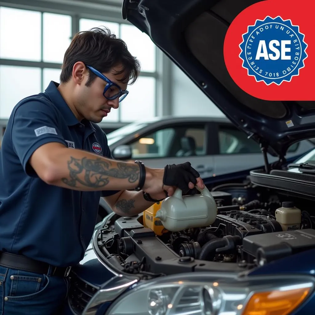 ASE Certified Technician Performing Oil Change