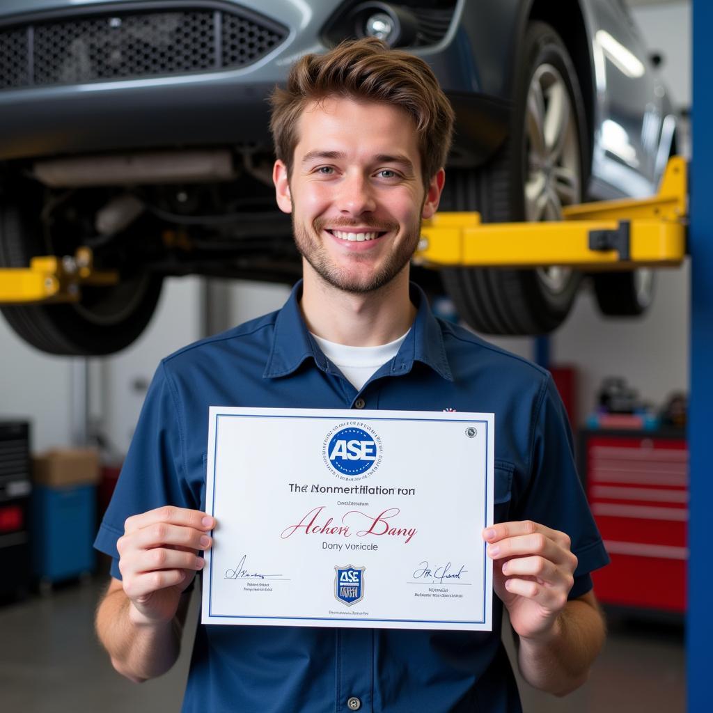 ASE Certified Technician proudly displaying their certificate