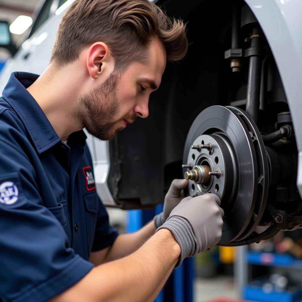 ASE Certified Technician Working on Brakes