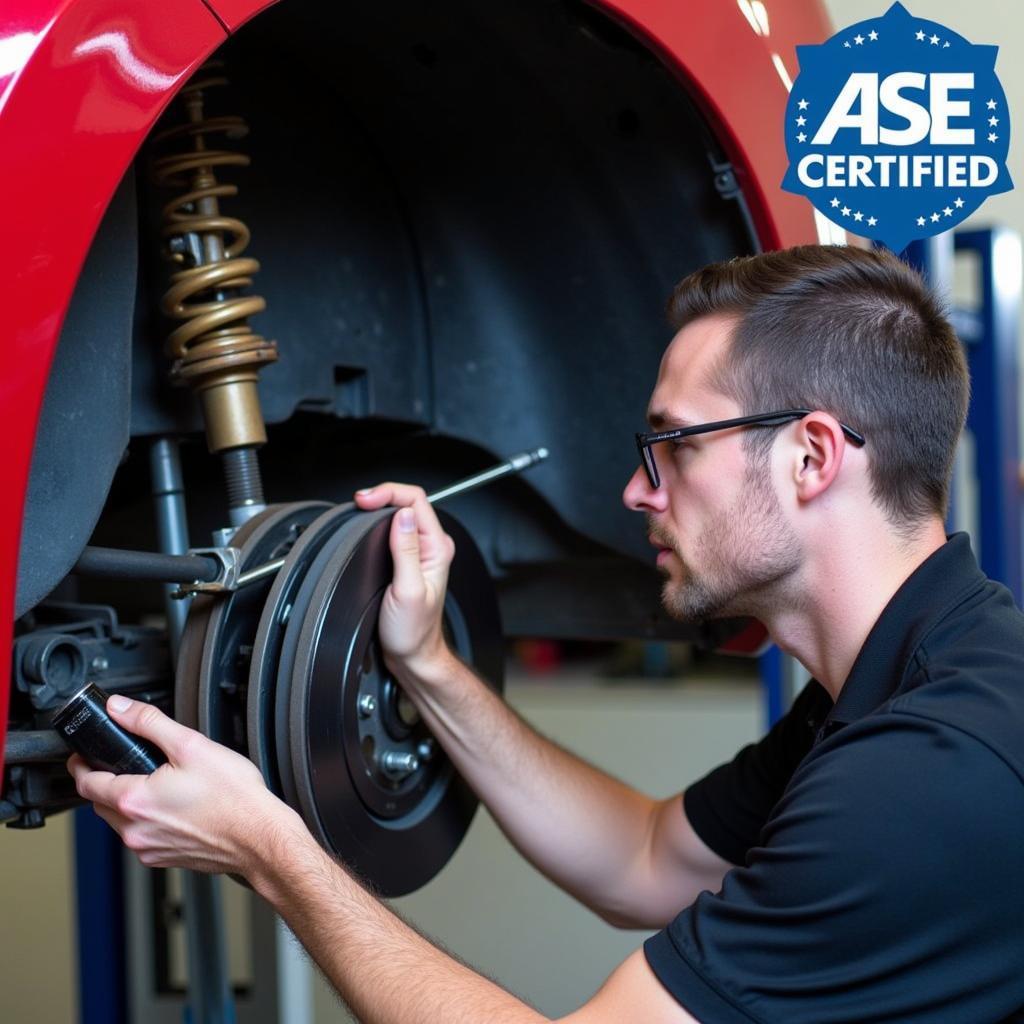 ASE Certified Technician Performing Brake Service