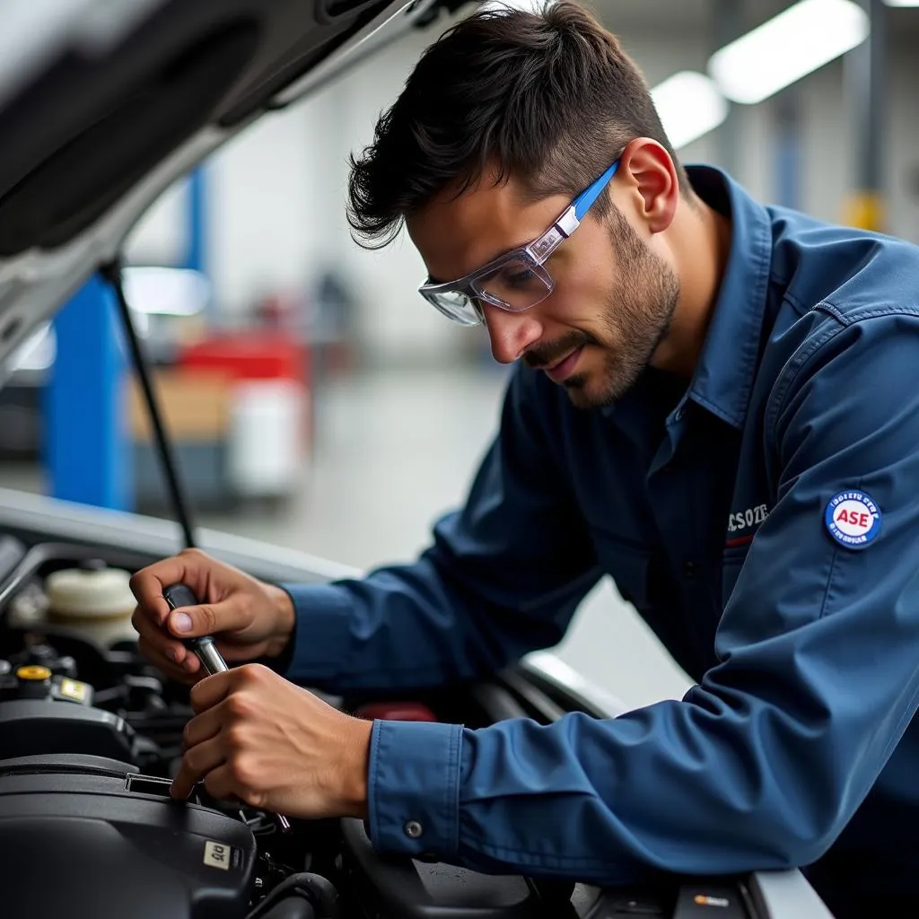 ASE Certified Technician Performing Car Maintenance