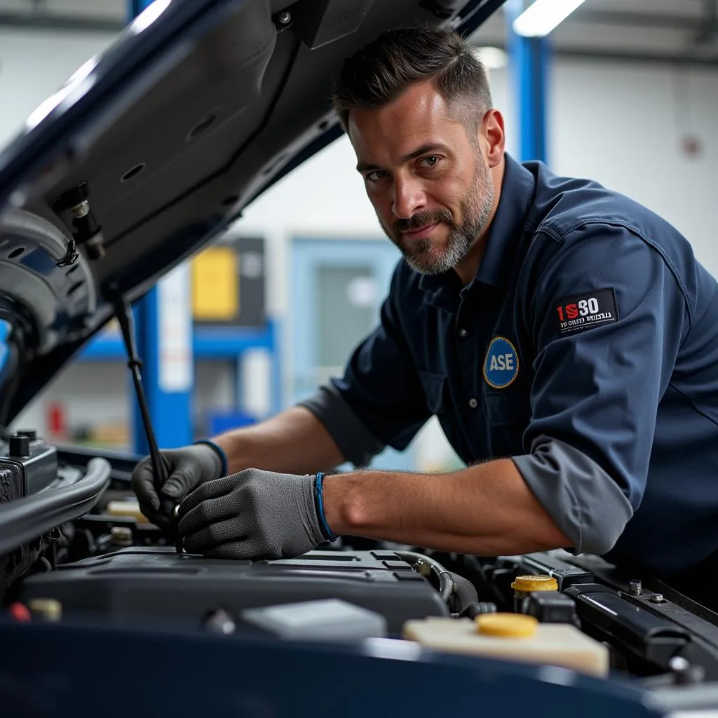 ASE Certified Technician Working on a Car