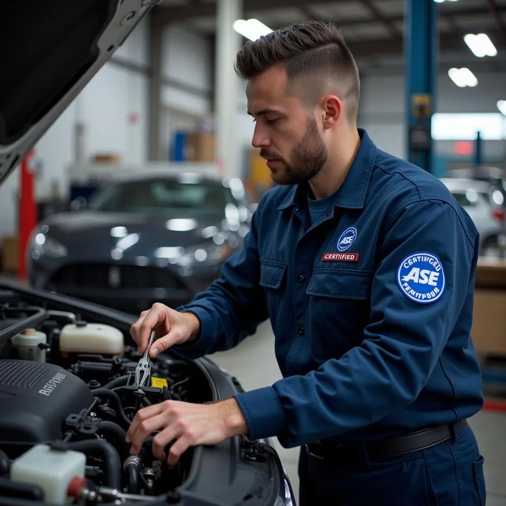 ASE Certified Technician Working on Car