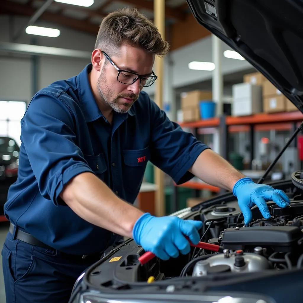 ASE certified technician working on a vehicle's engine