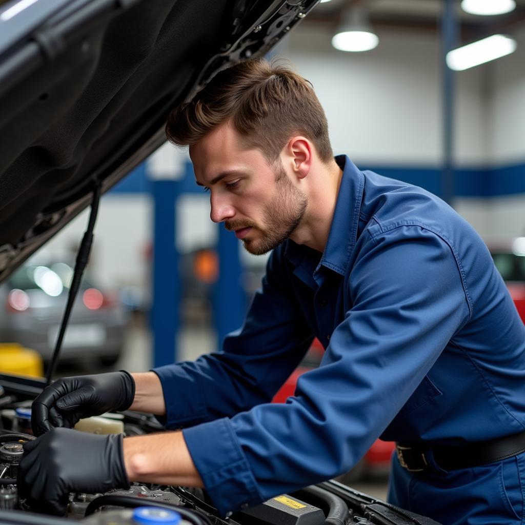 ASE Certified Technician Working on Car