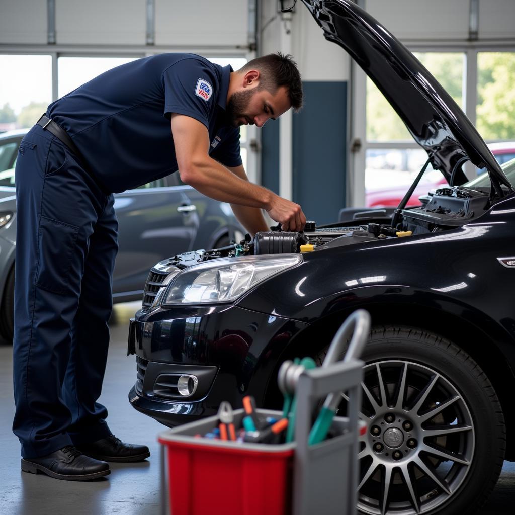 ASE certified technician inspecting a car engine