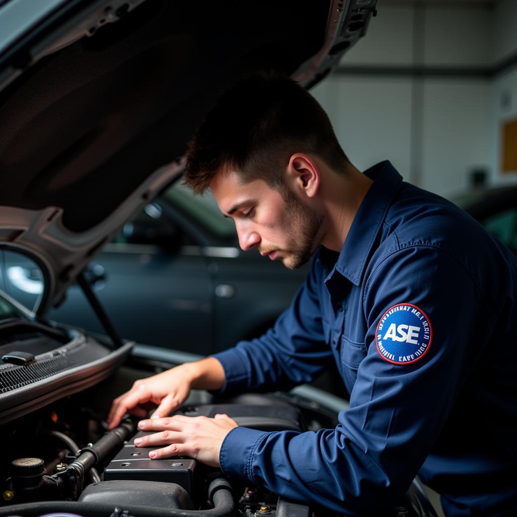 ASE Certified Technician Working on a Car