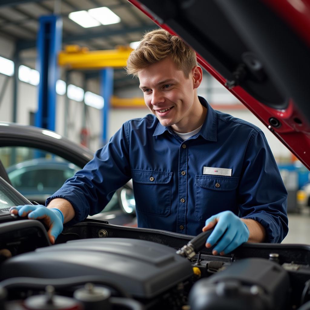 ASE Certified Technician Working on Car