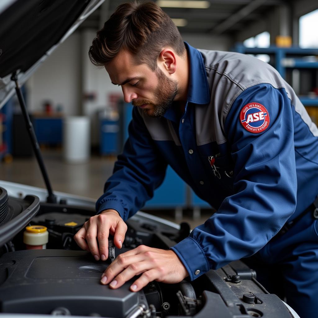 ASE Certified Technician Working on a Car