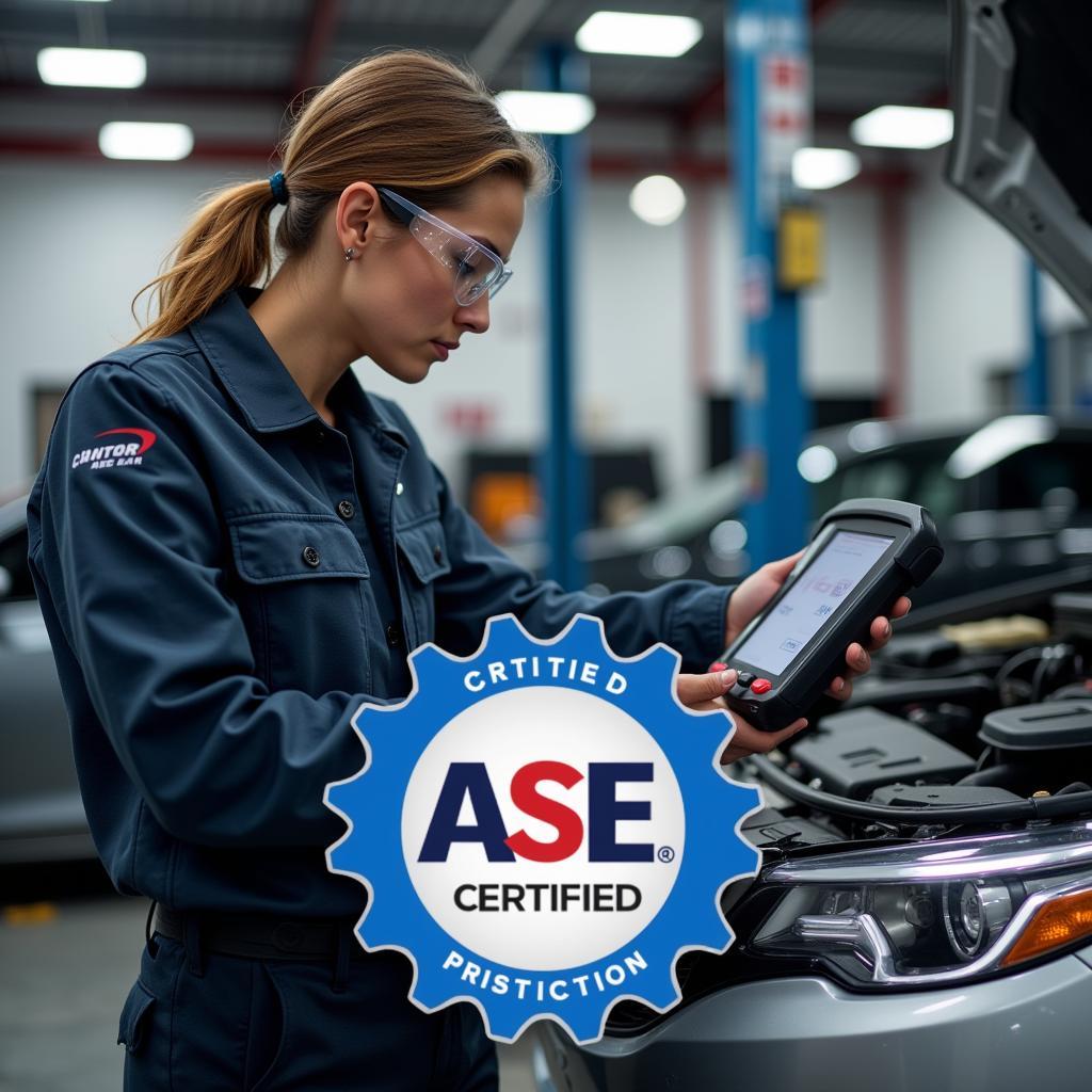 ASE certified technician working on a car in a modern garage