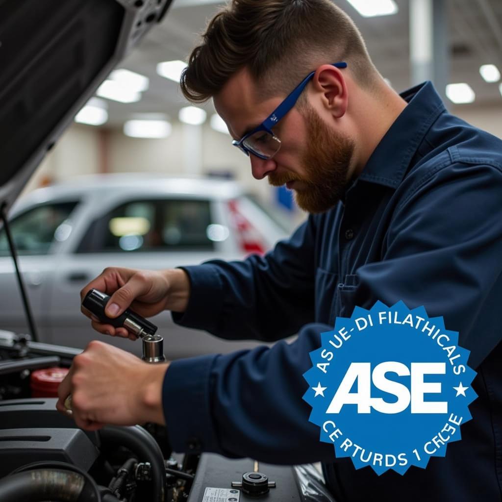 ASE Certified Technician Working on Car