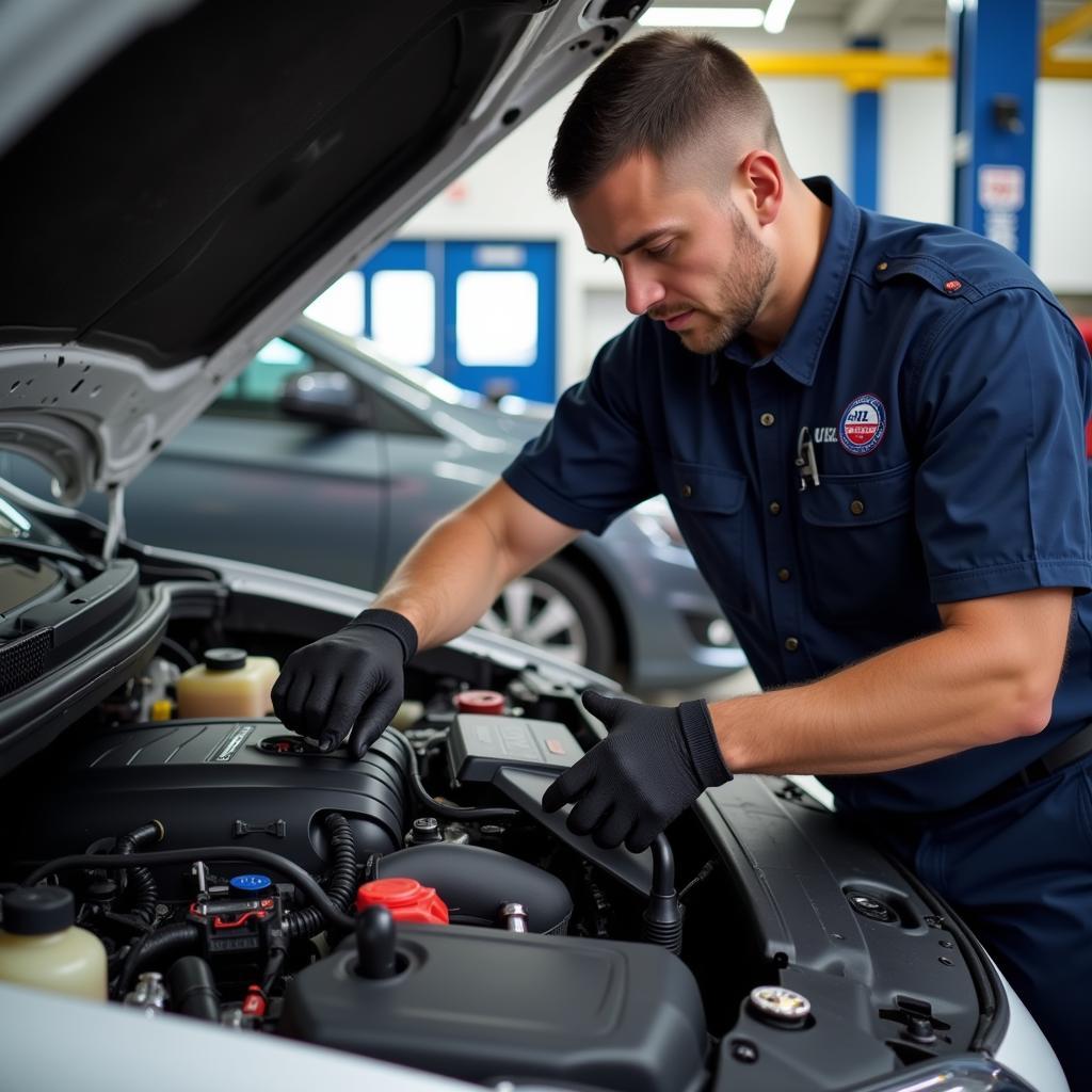 ASE Certified Technician Diagnosing a Car Engine