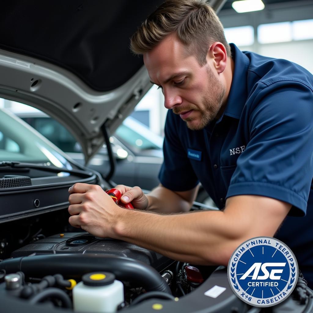 ASE Certified Technician Working on a Car