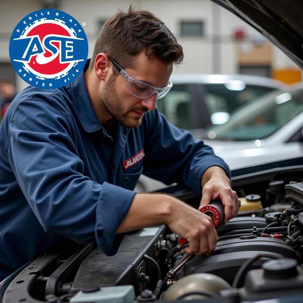 ASE Certified Technician Performing Car Maintenance