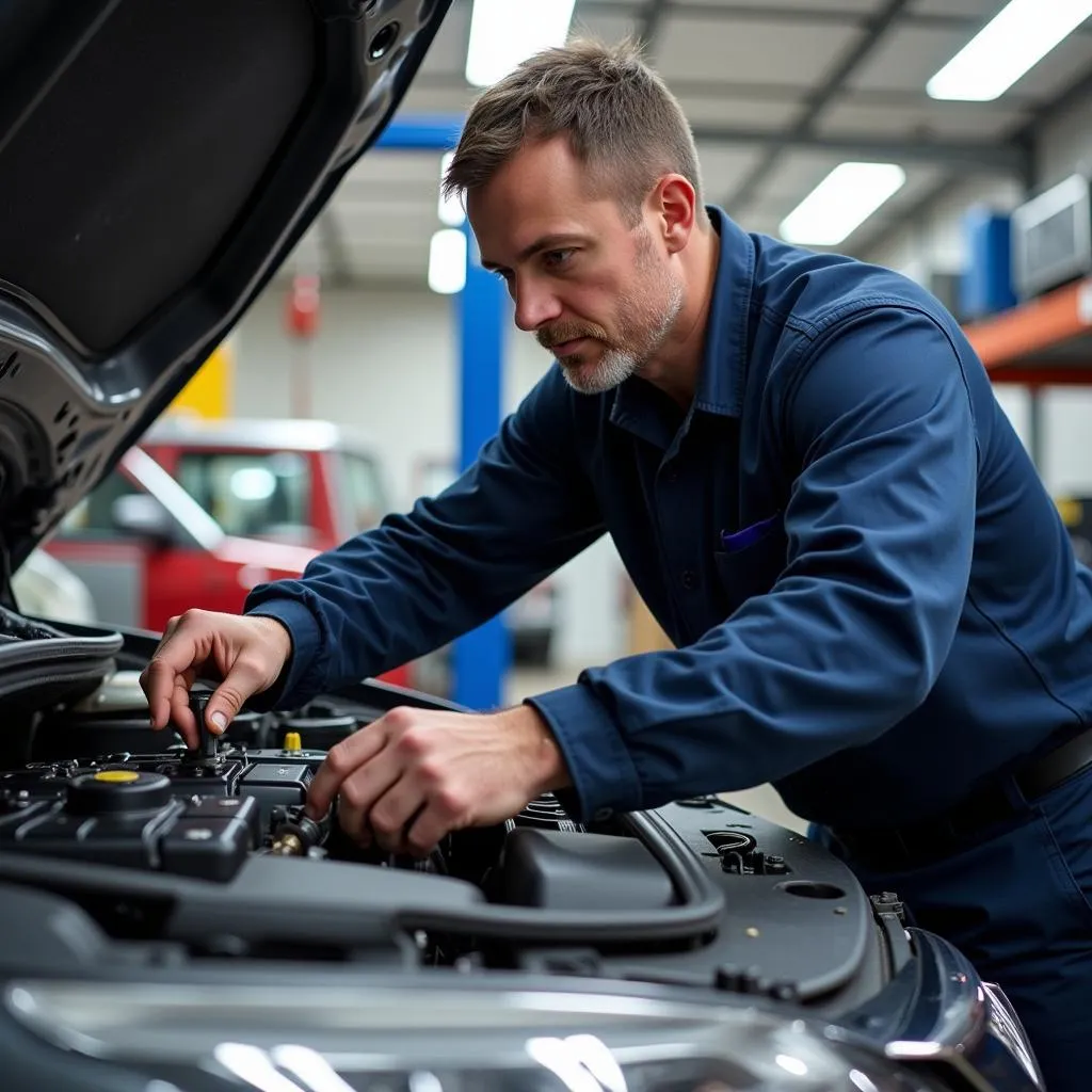 ASE certified technician working on a car engine