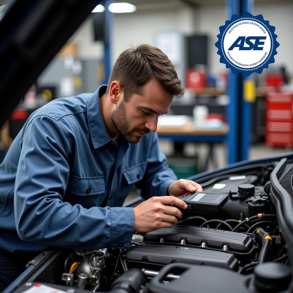 ASE Certified Technician Working on Car Engine