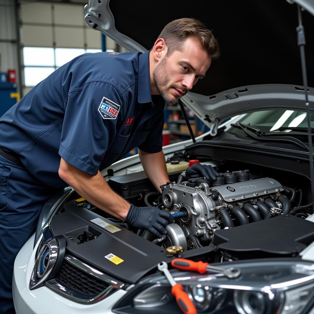 ASE Certified Technician Working on a Car Engine