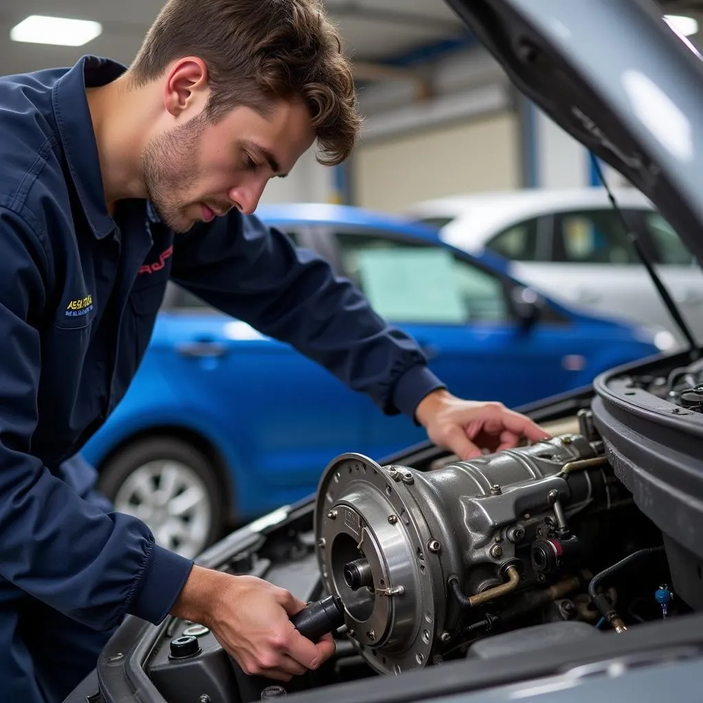 ASE Certified Technician Working on Transmission