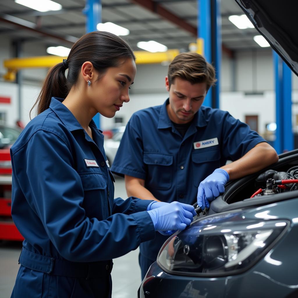 ASE Certified Technicians Collaborating on Car Diagnostics