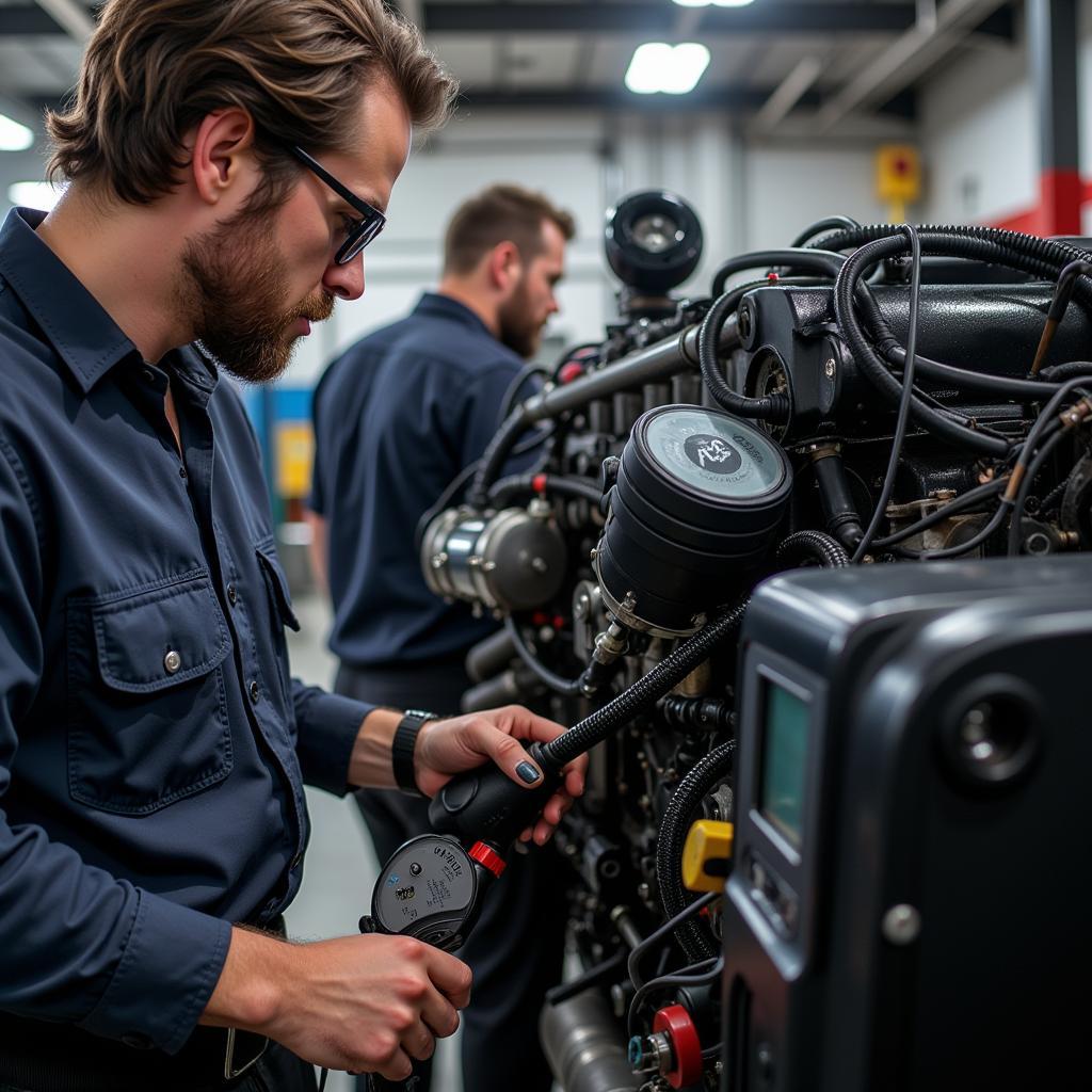 ASE Diesel Technician Working on Engine