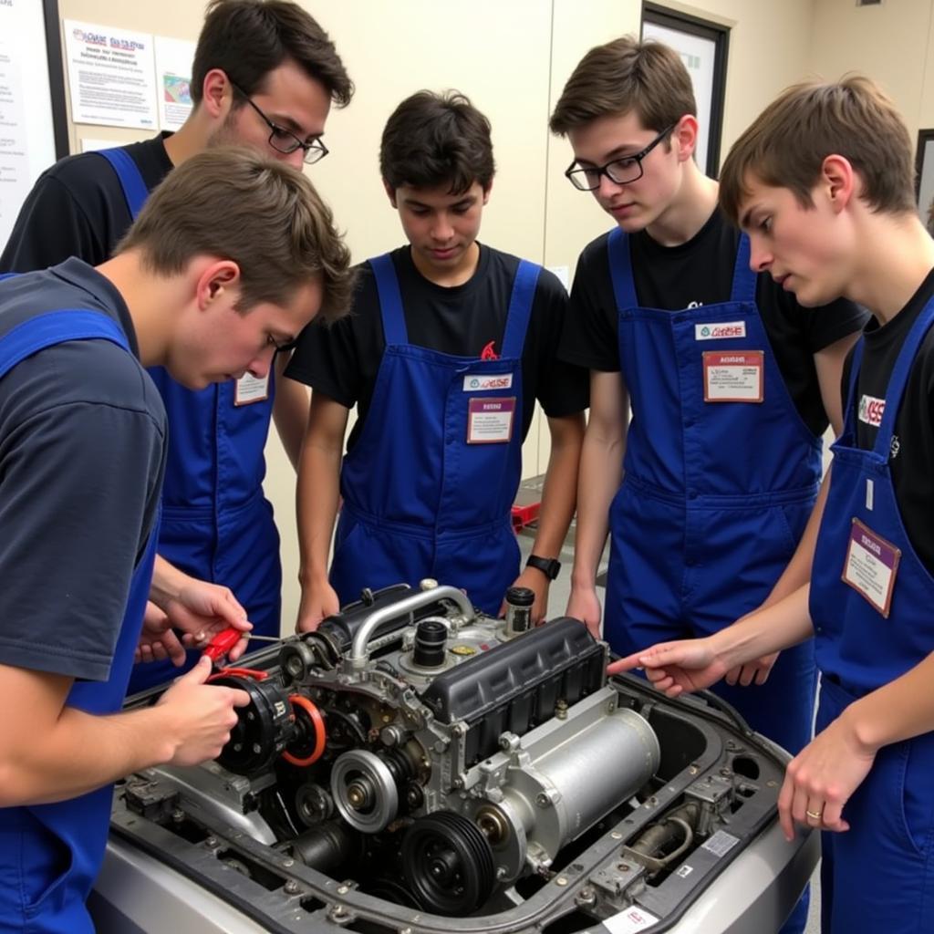 Students at ASE Engineering Academy Collaborating on a Car Engine Project