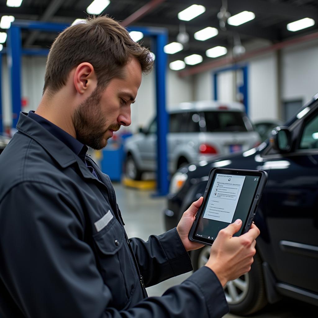 Mechanic using a tablet to prepare for an ASE exam