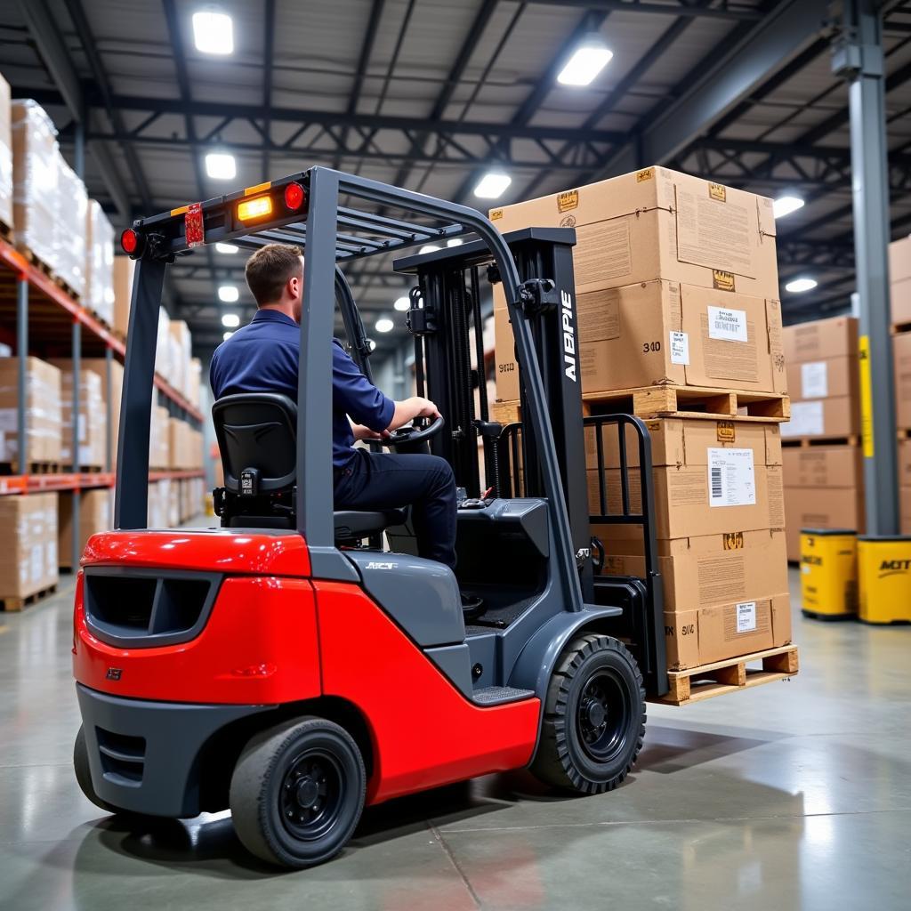 ASE Forklift Operating in a Busy Warehouse