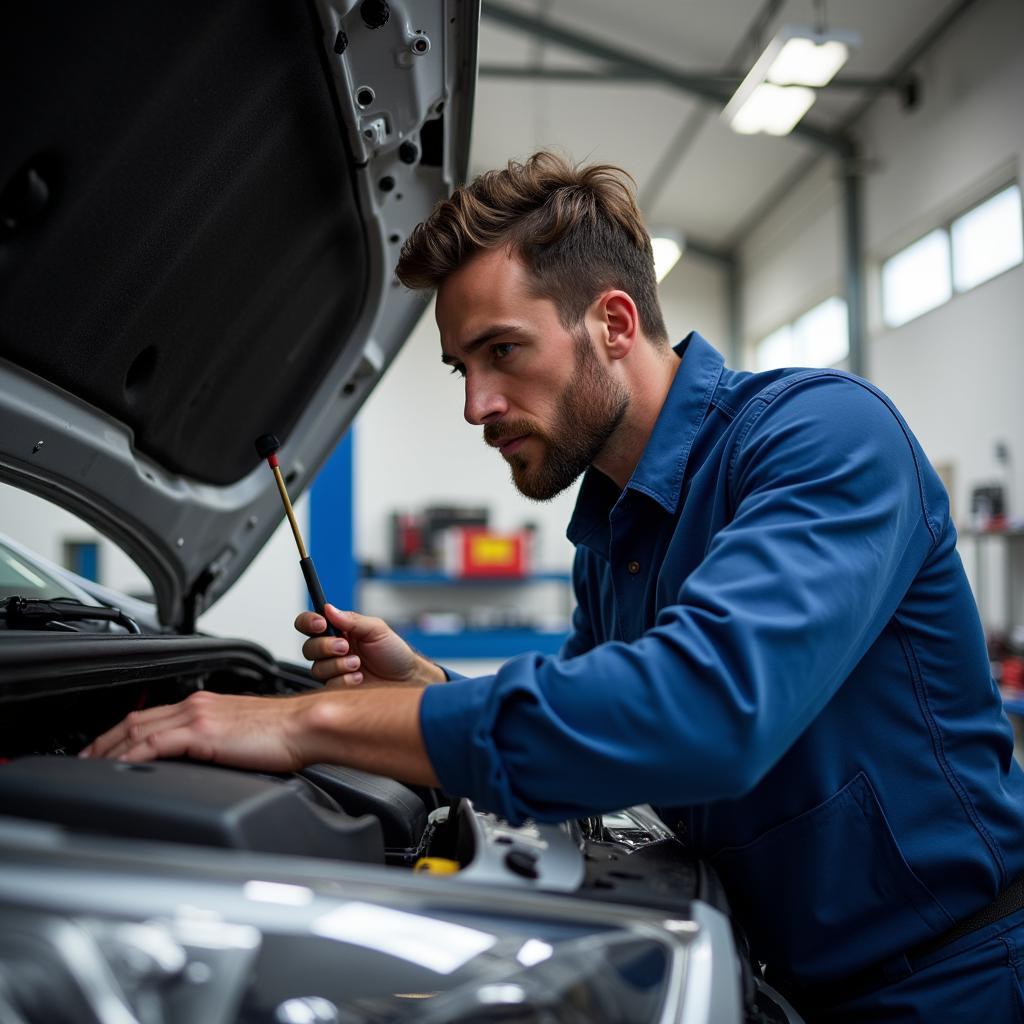 ASE Certified Technician Diagnosing Car Electrical System