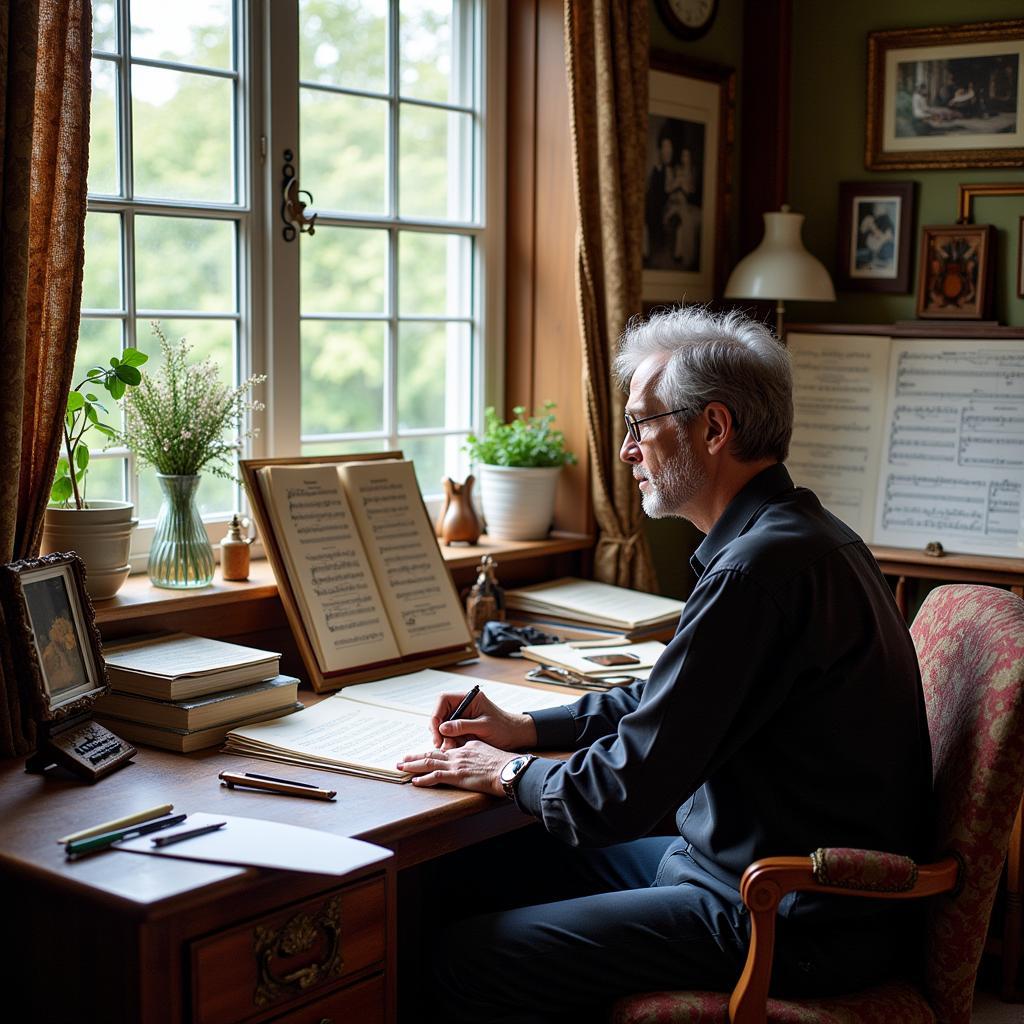 Ase Grieg composing music in his studio