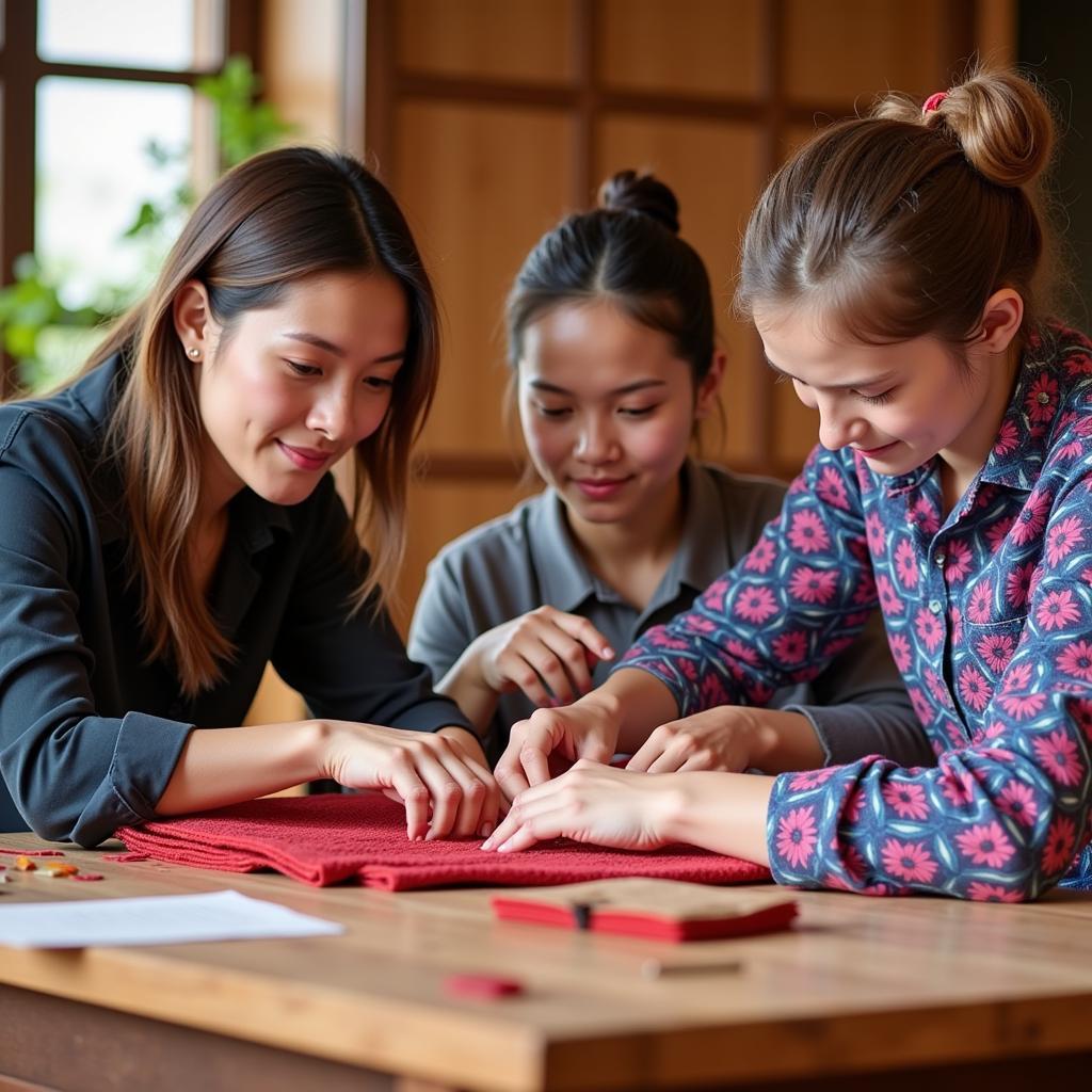 Guests participating in a traditional weaving workshop