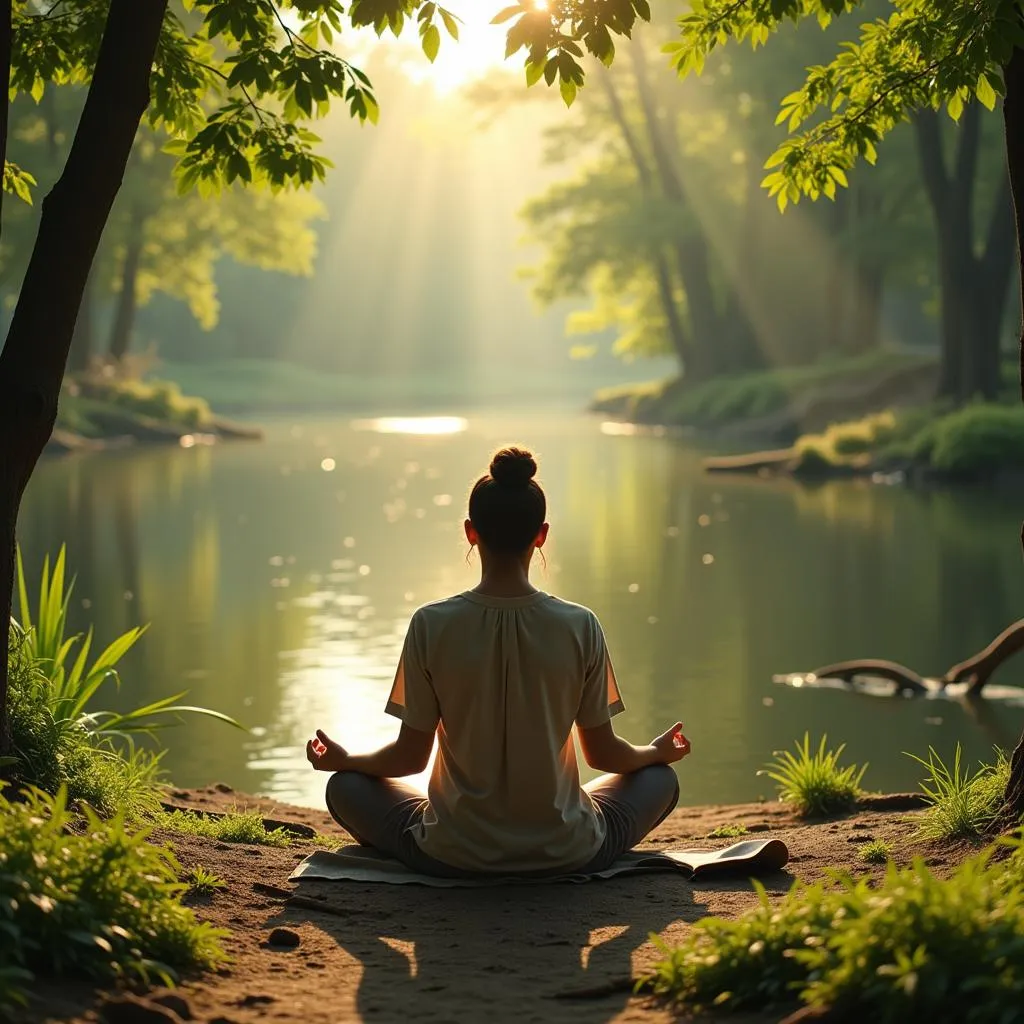 Image of a person meditating amidst nature, symbolizing the introspection and connection to a higher power encouraged by &quot;Ase Jagave Guru Thakur.&quot;