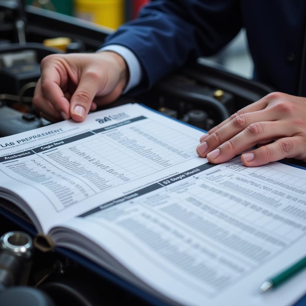 Technician reviewing an ASE lab worksheet