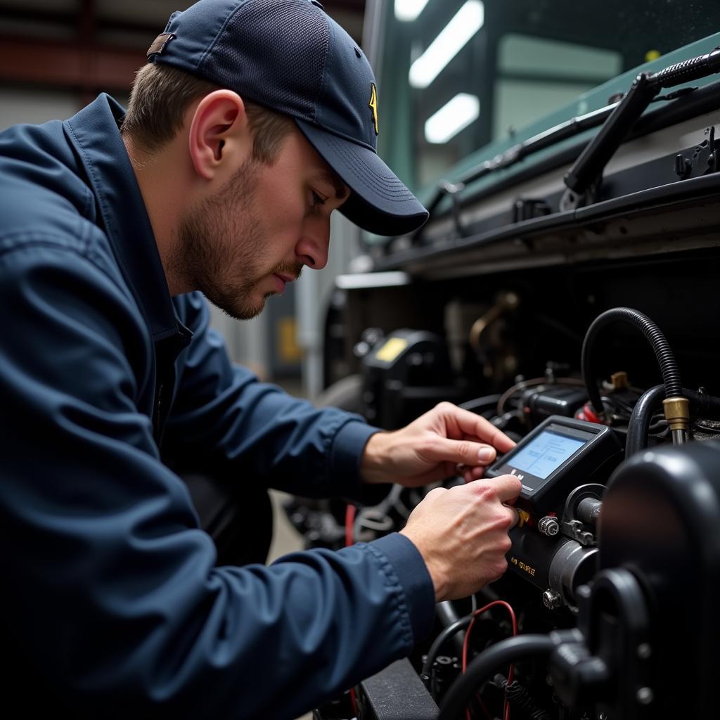 ASE Master Technician Working on Truck Engine