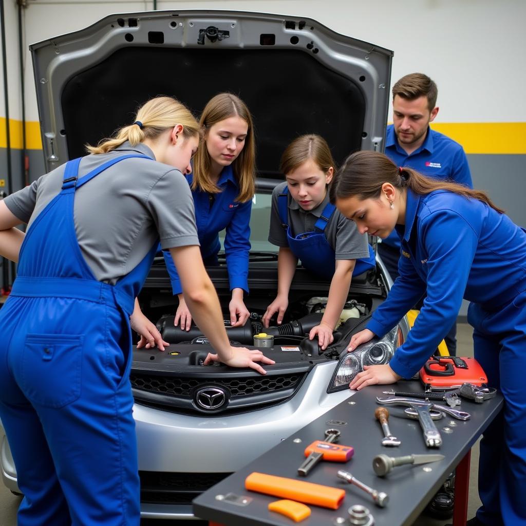 Students working on a car engine at an ASE mechanic school in Greenville SC