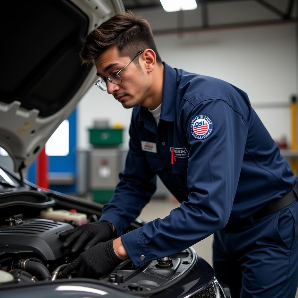 ASE mechanic working on car engine