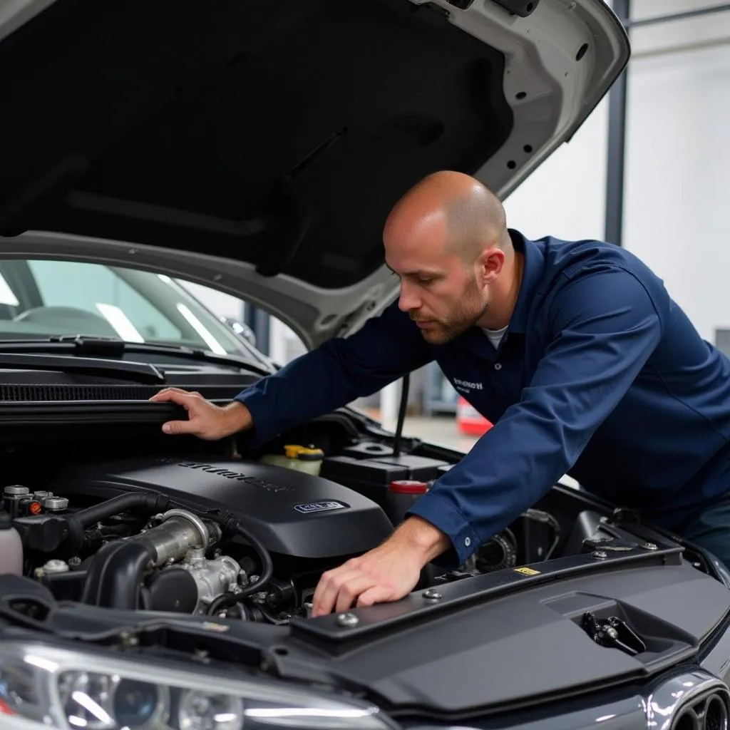 Mechanic inspecting a used car at Ase Motors