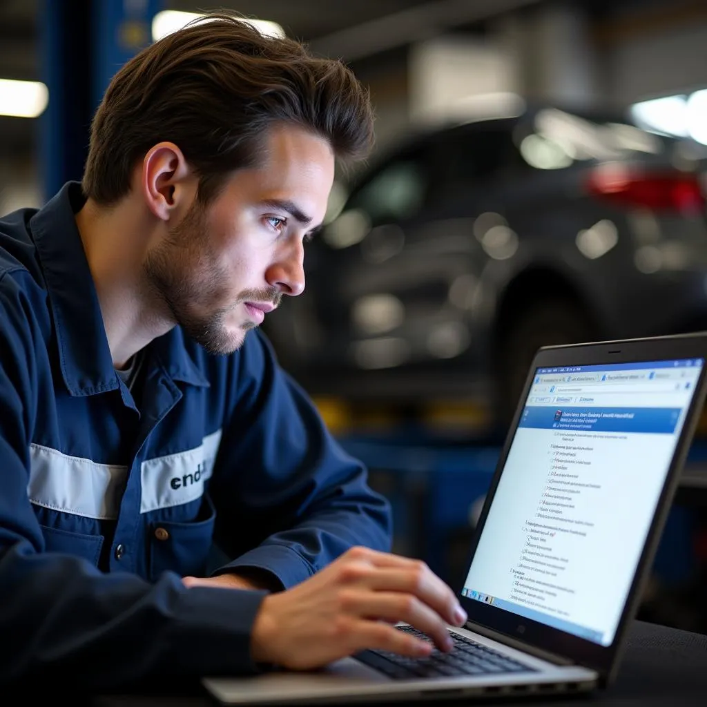 Technician Reviewing ASE Practice Test Online