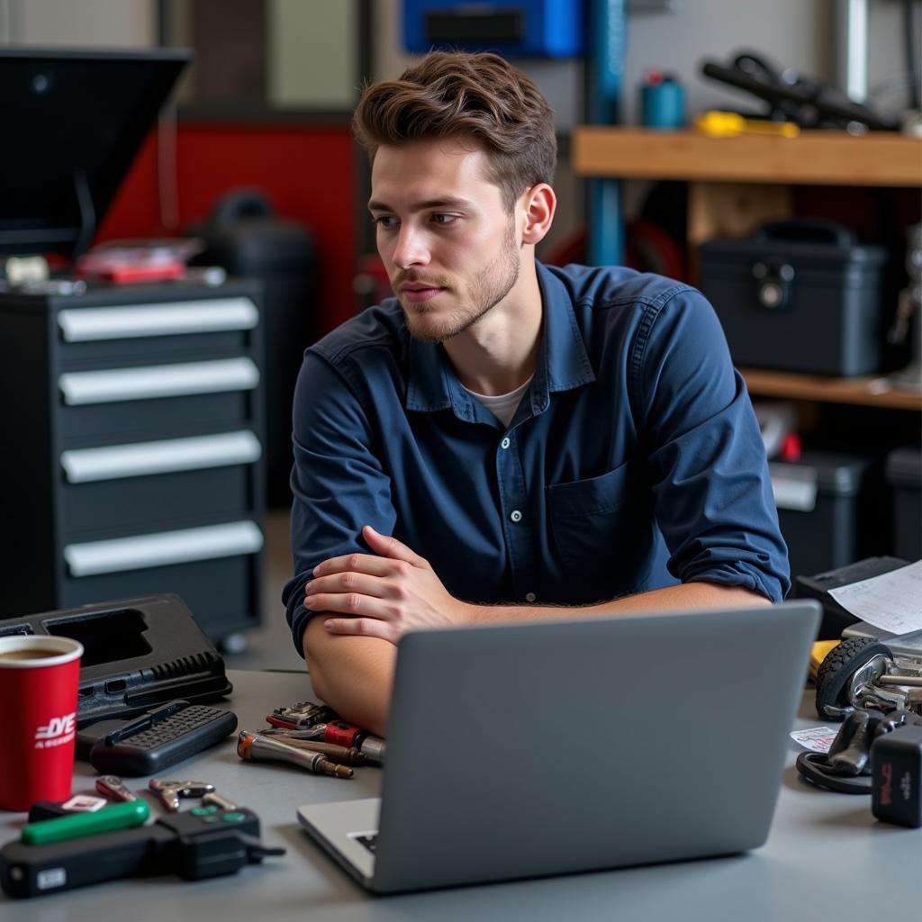 Man Studying ASE Practice Test on Laptop