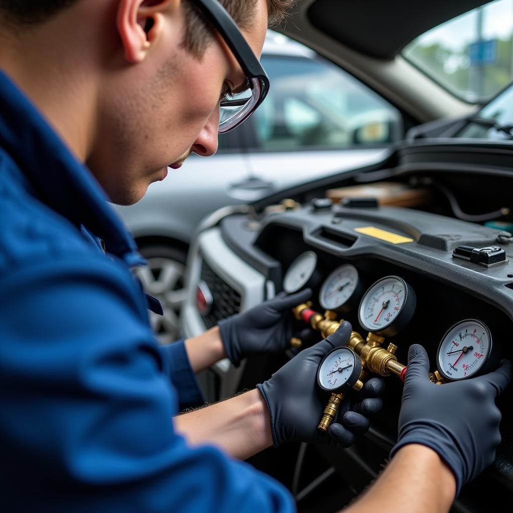 Technician Working on a Vehicle A/C System