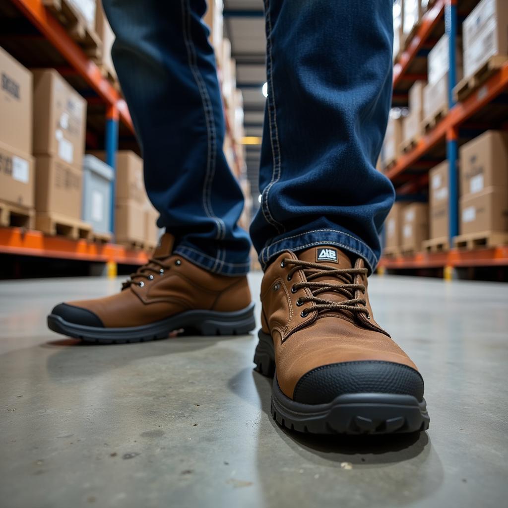 ASE Safety Shoes Protecting Feet in a Warehouse