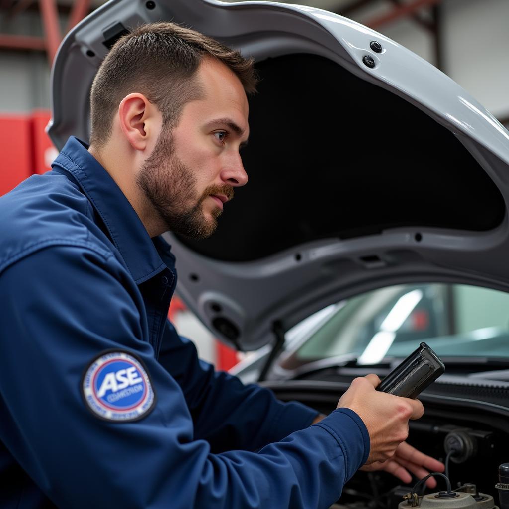 ASE Technician Diagnosing Car Problems