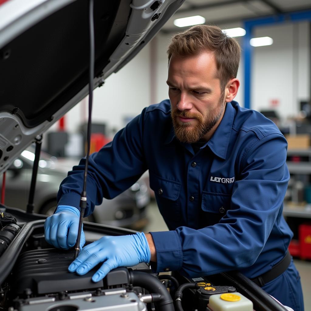 ASE Technician Working on Car Engine