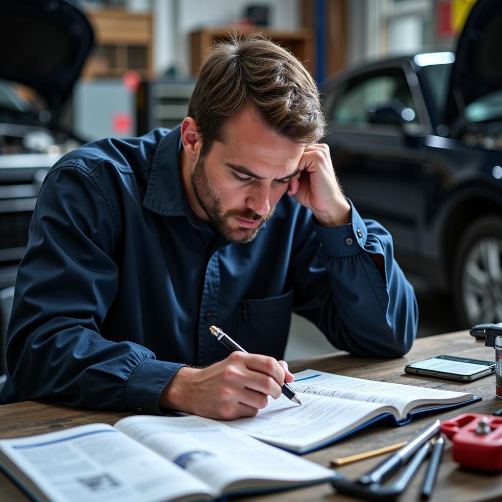 Technician Studying for ASE Exam