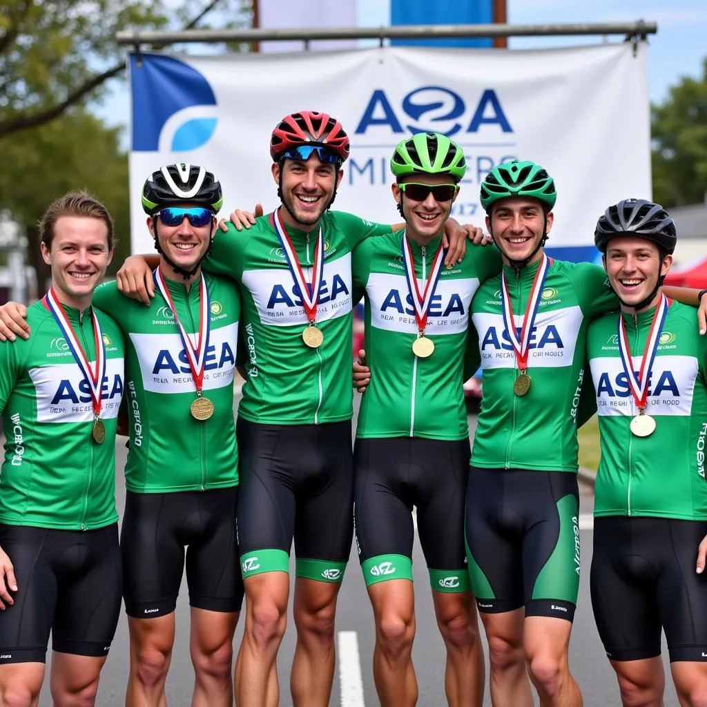 ASEA Irish Cycling Team celebrating victory on the podium