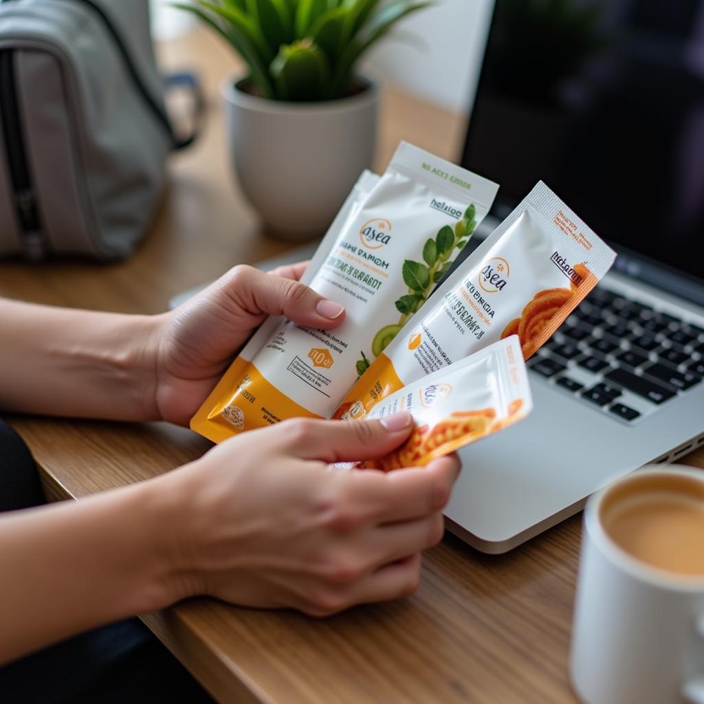 A person holding Asea supplement pouches